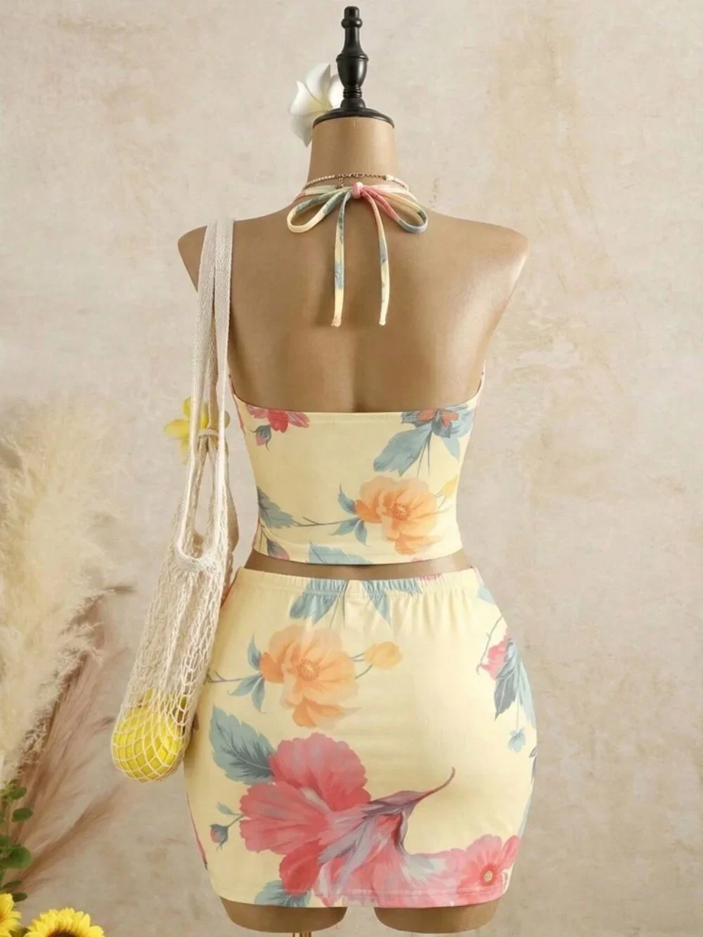Multicolor Boho Women's Floral Spaghetti Strap Crop Top & Bodycon Mini Skirt Set